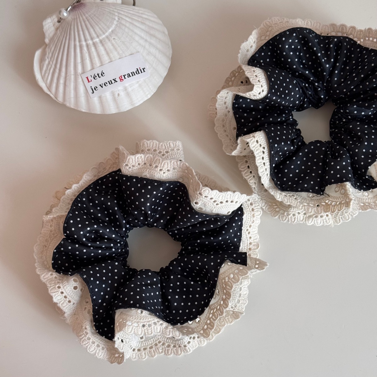 Women's Winter Cloth Hair Tie Accessory Black And White Polka Dot Lace