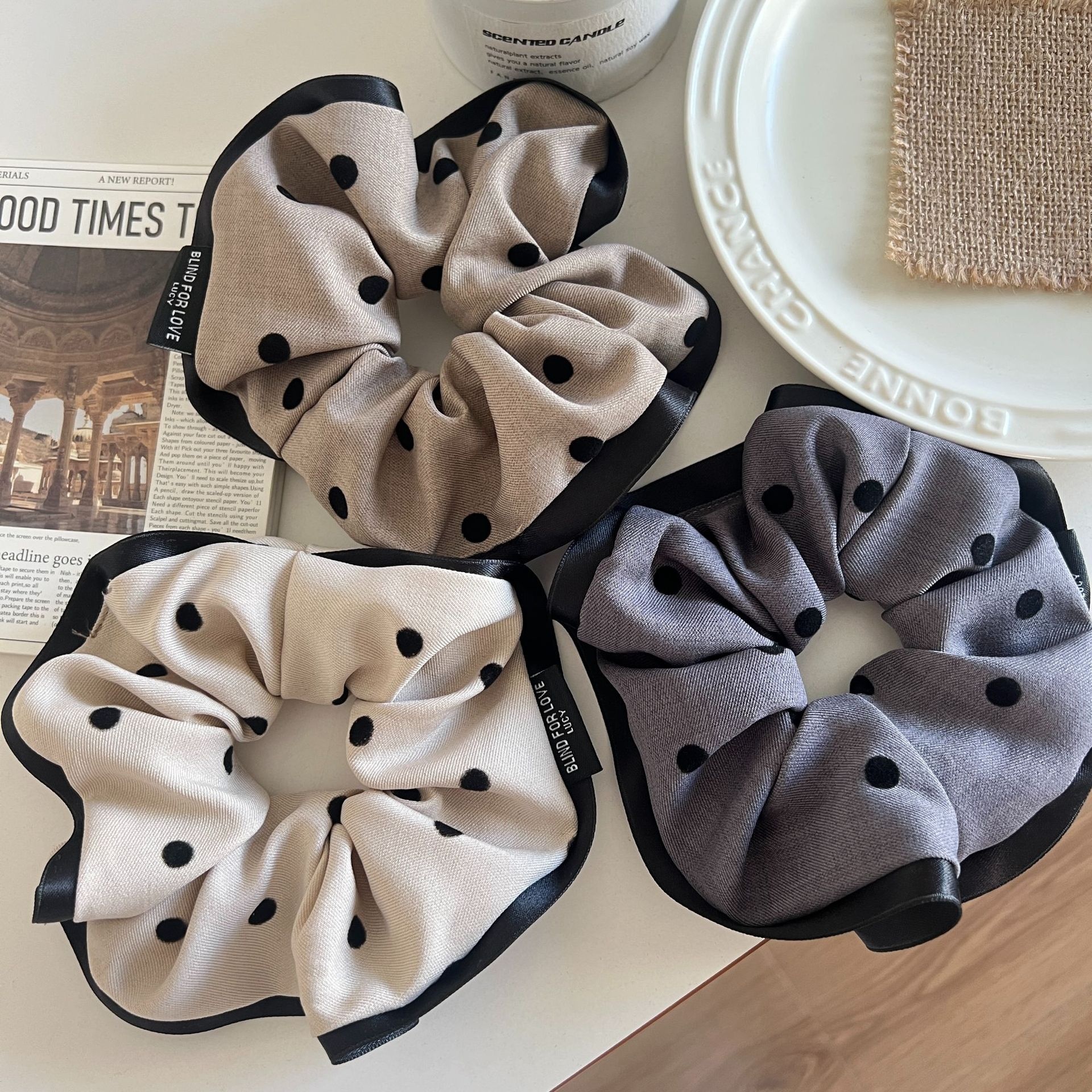 Women's Elegant Cloth Large Bow Hair Tie for Daily Wear Black Polka Dots