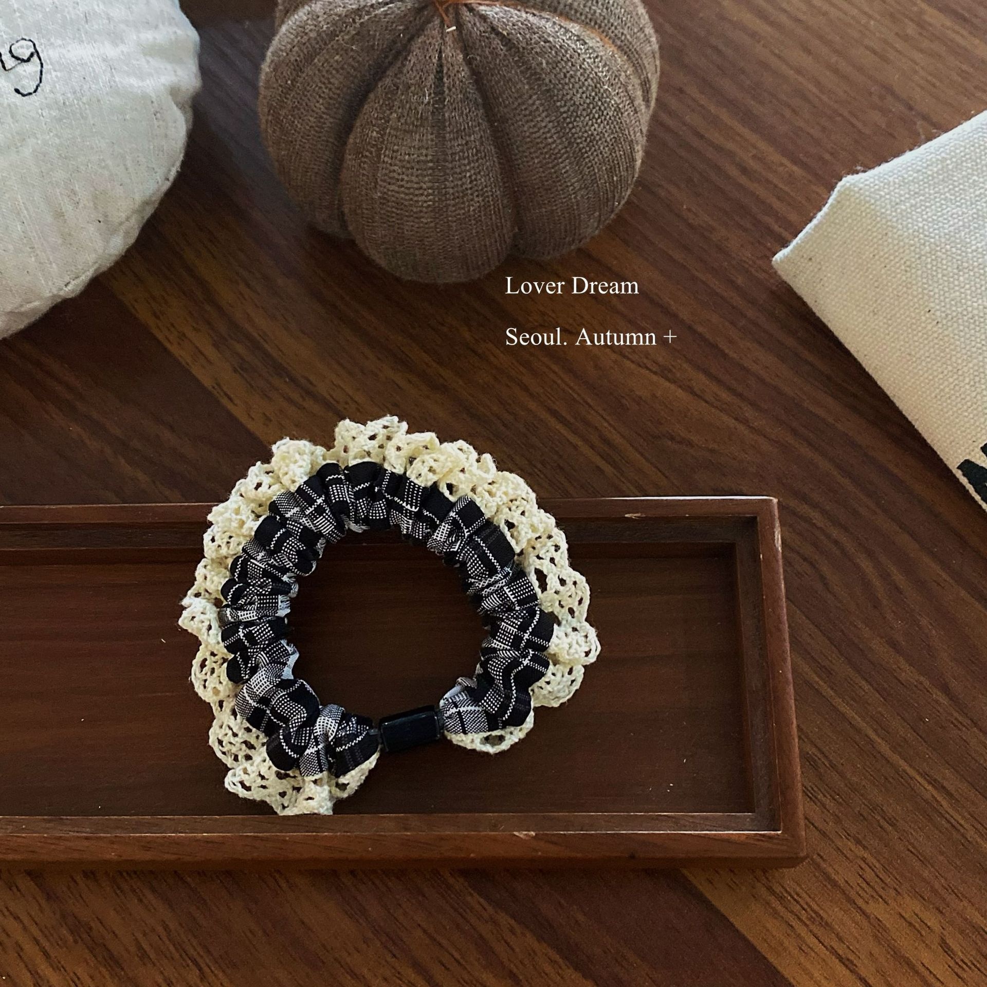 Women's High Elastic Cloth Hair Ties Autumn Winter Plaid Lace Trim