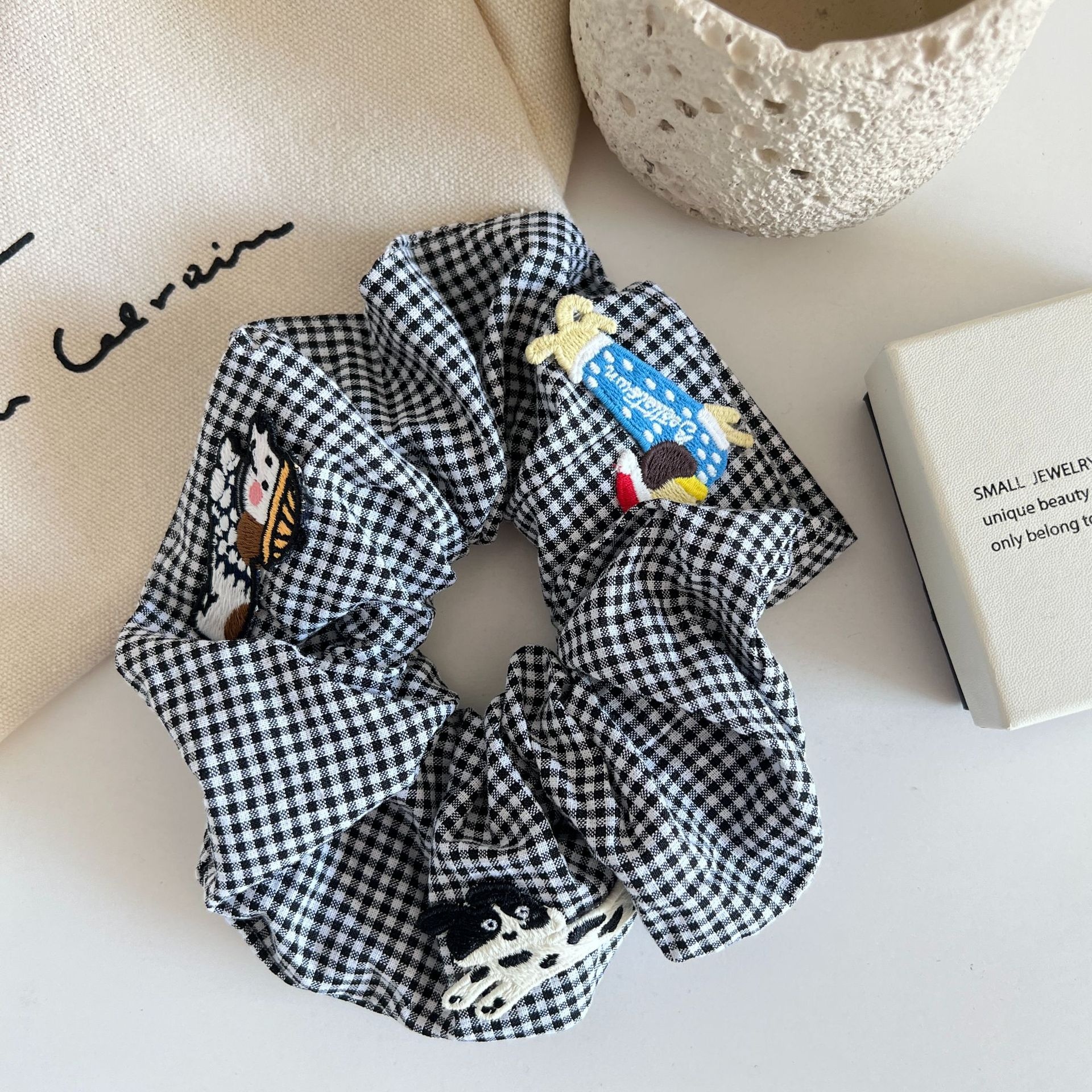 Women's Fabric Bow Tie Hair Scrunchie Plaid Sausage Dog Print