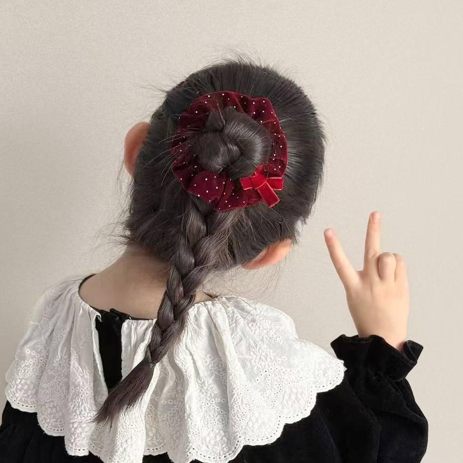 Girls New Year French Flocking Bow Hair Tie Wine Red Polka Dots