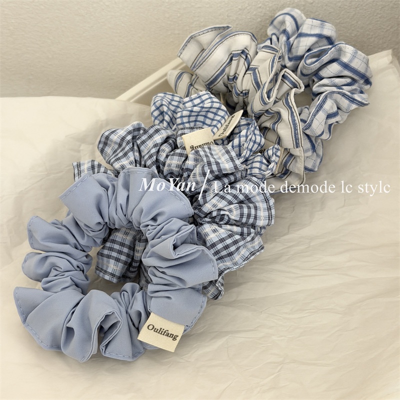 Women's All Season Cloth Hair Scrunchies Blue White Checkered Plaid
