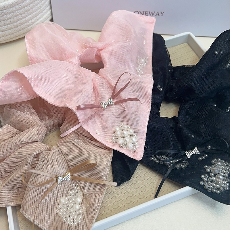 Women's Pearl Gauze Bowknot Hair Tie Low Ponytail Scrunchie Khaki Pink