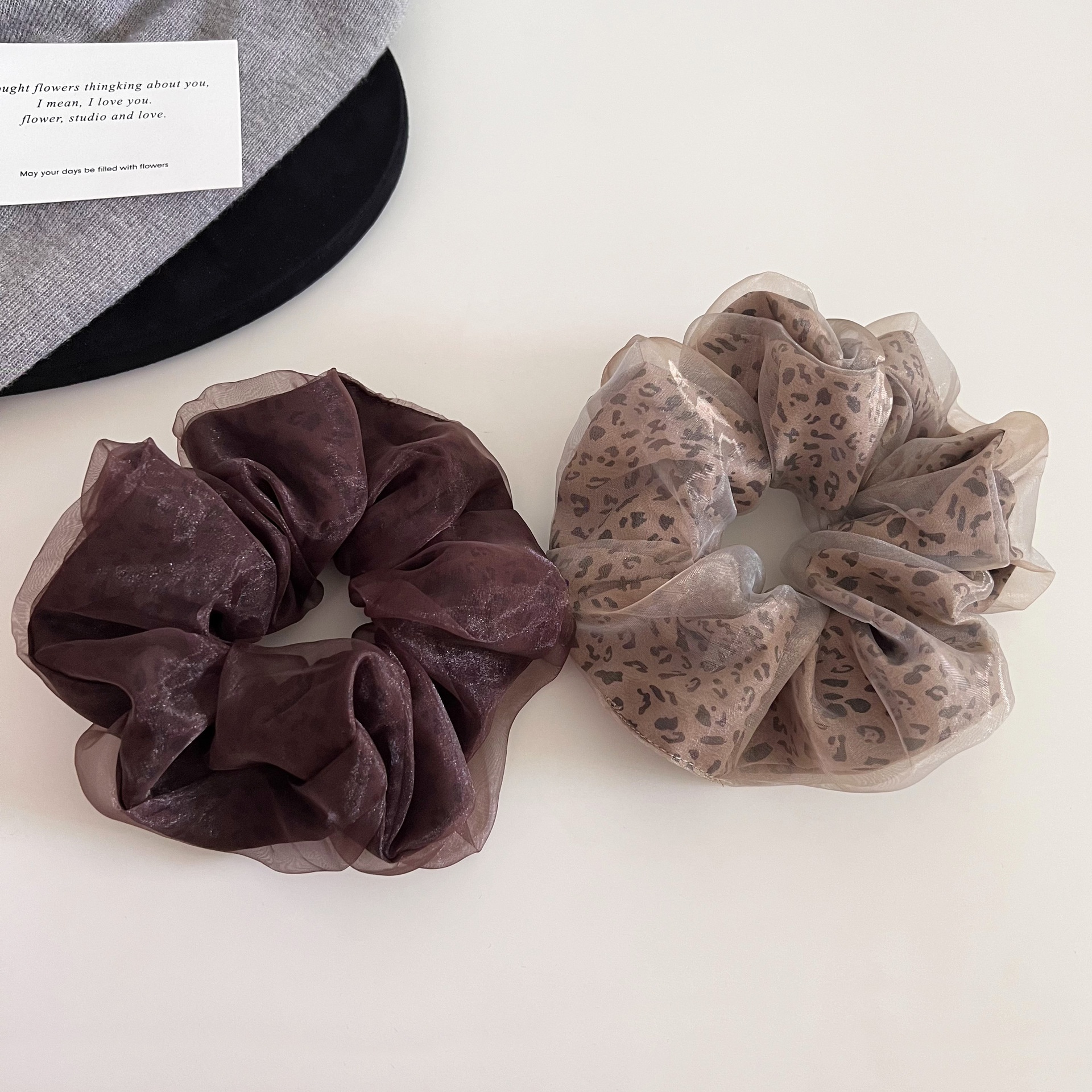Women's Elegant Mesh Low Bun Hair Tie Accessory Coffee Leopard Print