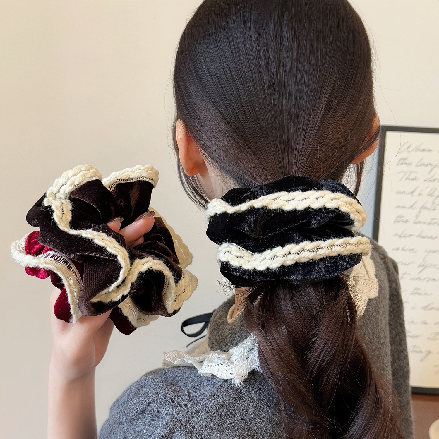 Women's Elegant Velvet Lace Hair Tie for Buns and Ponytails Coffee Red Black