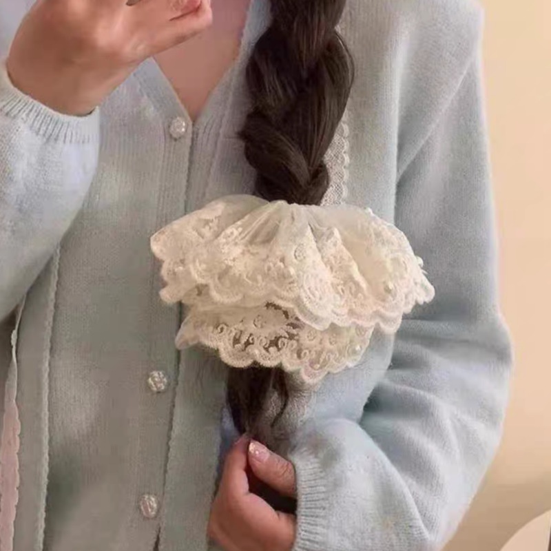 Women's Pearl Lace Ruffle Low Bun Scrunchies Ocean Rose Pattern