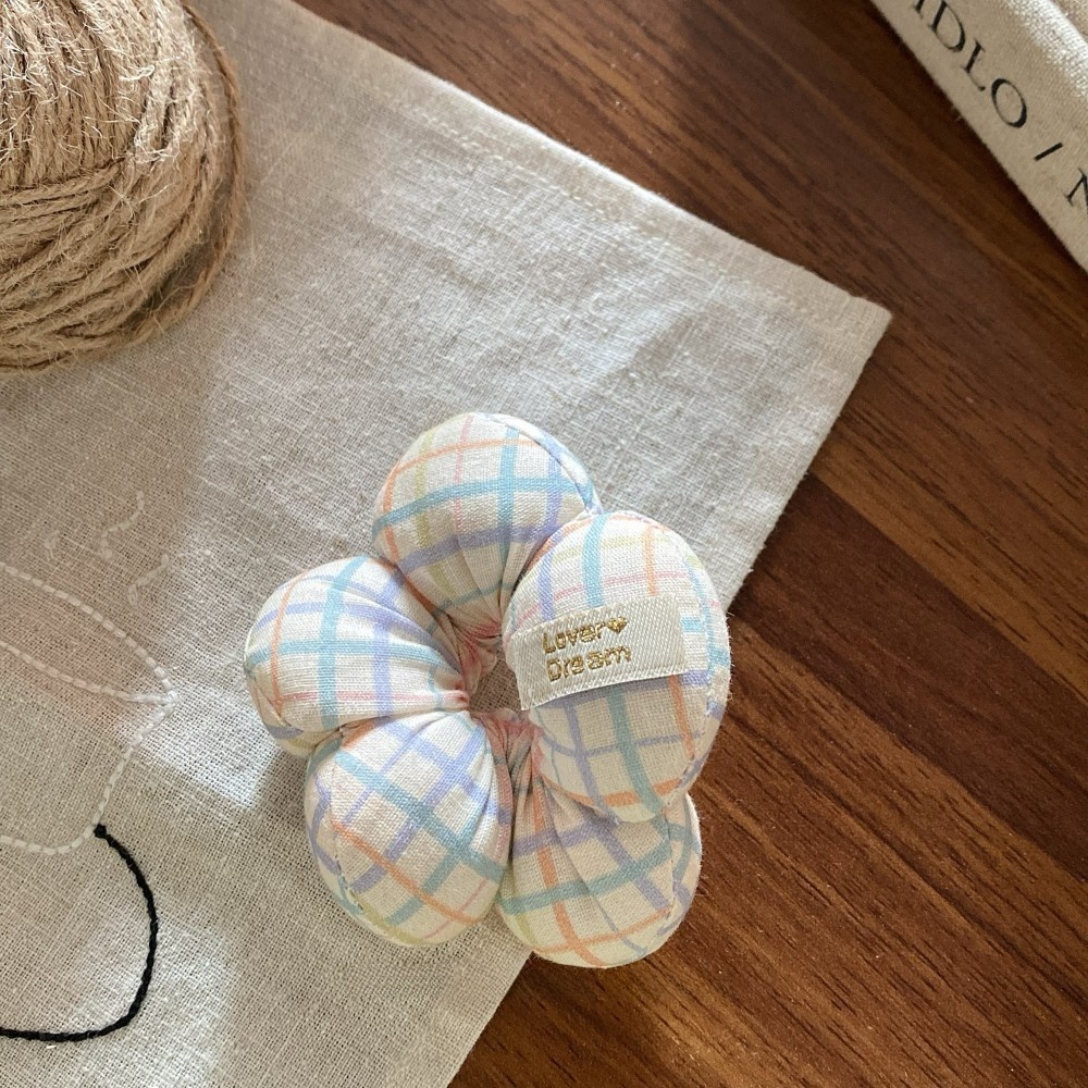 Women Sweet Cloth Bubble Braid Hair Rope Spring Floral Bow Knot Beige Pink