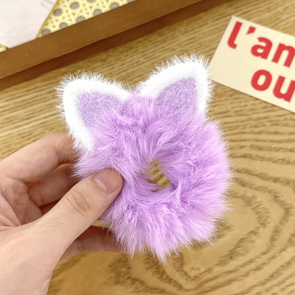 Girls Autumn Winter Plush Cat Ear Ponytail Hair Tie Macaron Colors