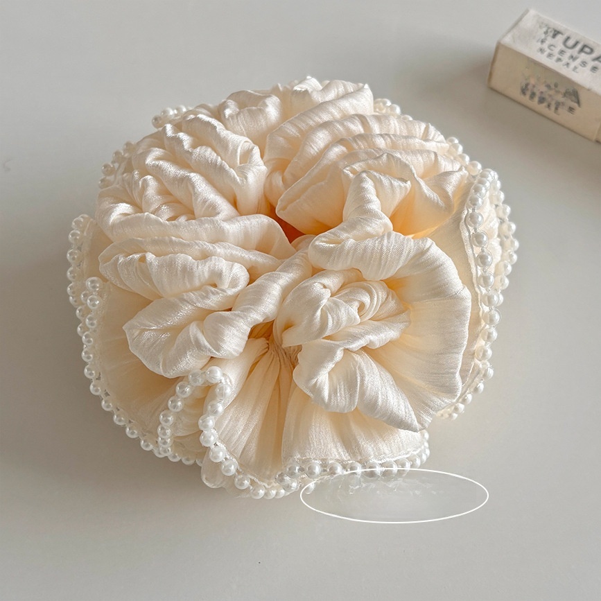 Women's Spring Pearl Trim Cloth Hair Scrunchie Beige Black Ditsy Floral