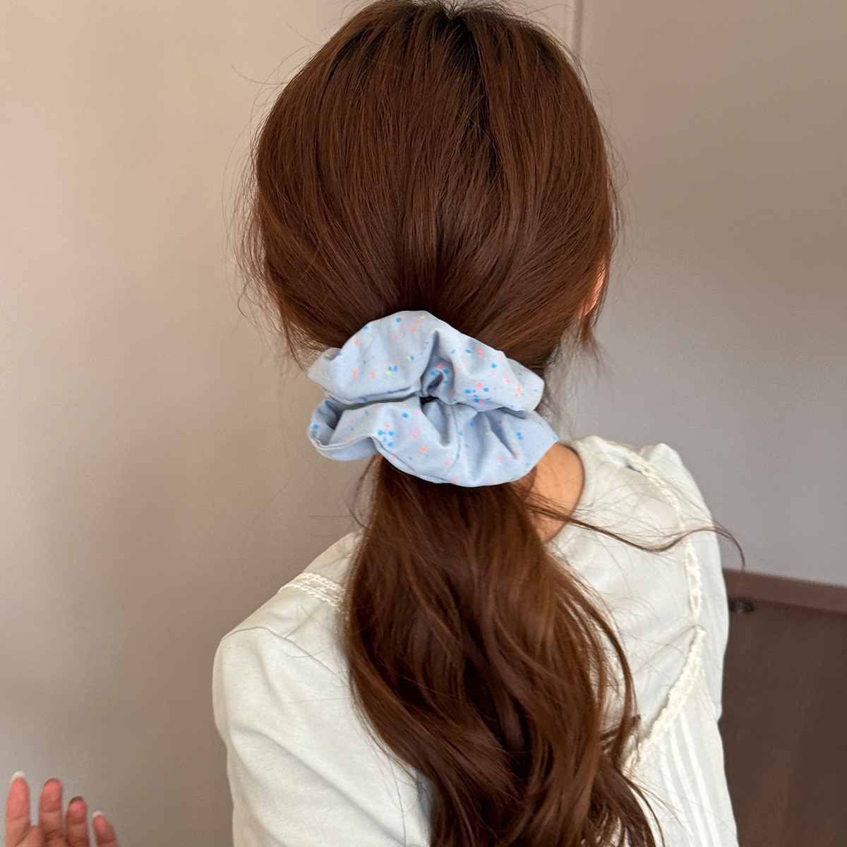 Women's Sweet Spring Satin Lace Hair Tie Scrunchie Beige Polka Dots