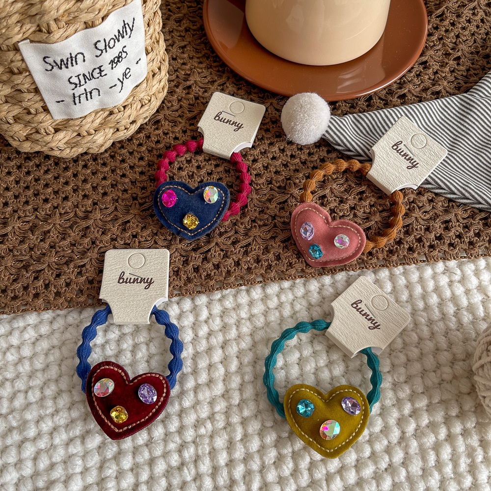 Girls High Elastic Velvet Bubble Hairband Rhinestone Heart Shape