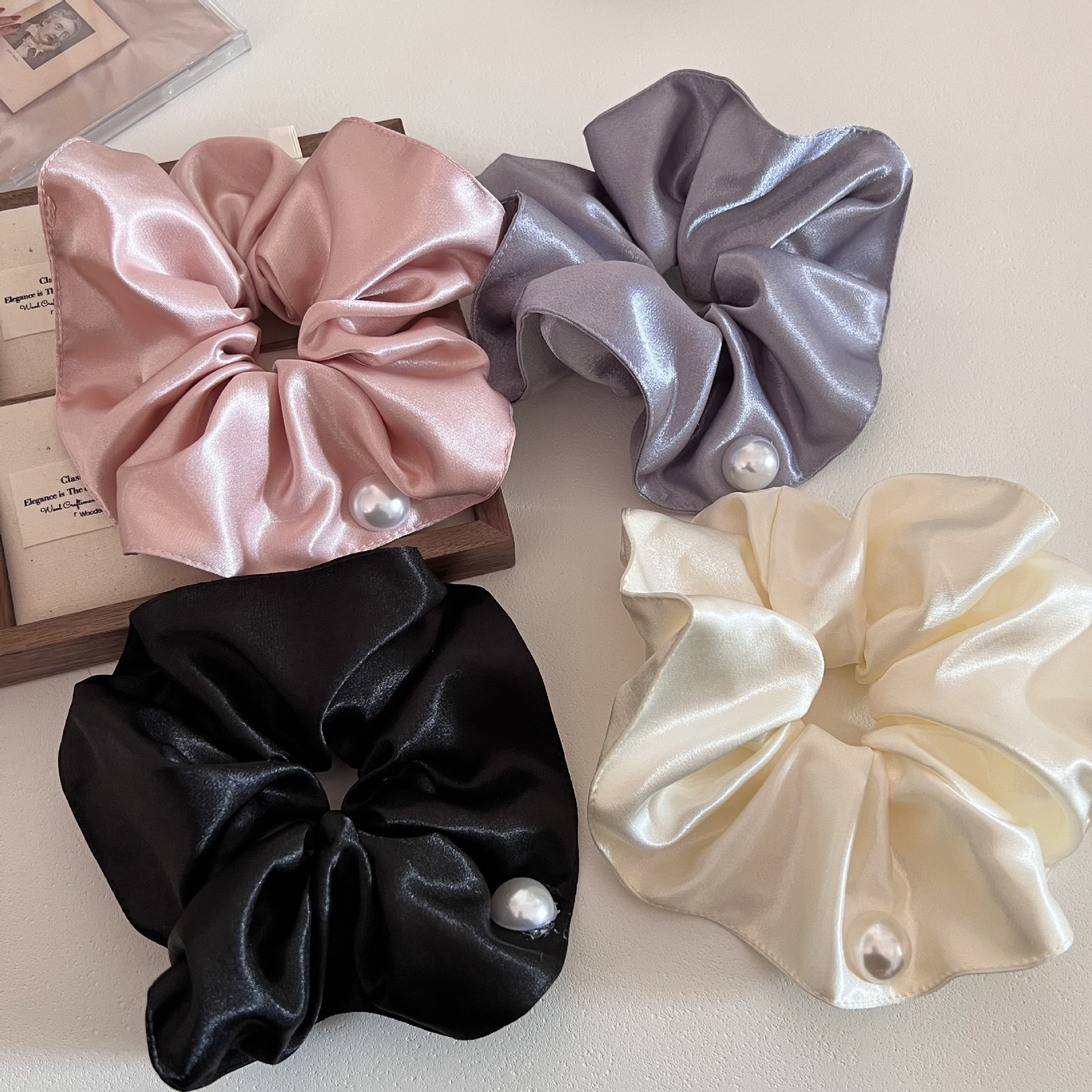 Women Elegant Satin Pearl Double Layer Hair Ties Scrunchies Solid Color