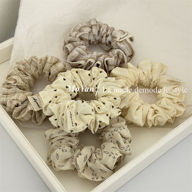 Women's Spring Cloth Heart Shape Hair Tie Beige Plaid Leaf Pattern