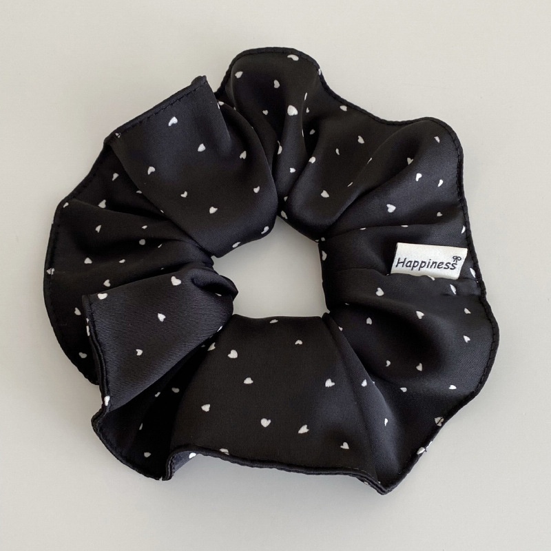 Women's Elegant French Satin Hair Tie Black White Heart Polka Dots