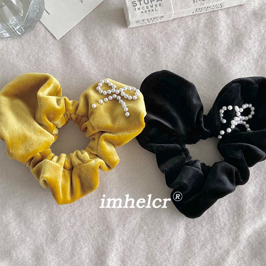 Women's Soft Velvet Pearl Bowknot Hair Tie Yellow Heart Shape