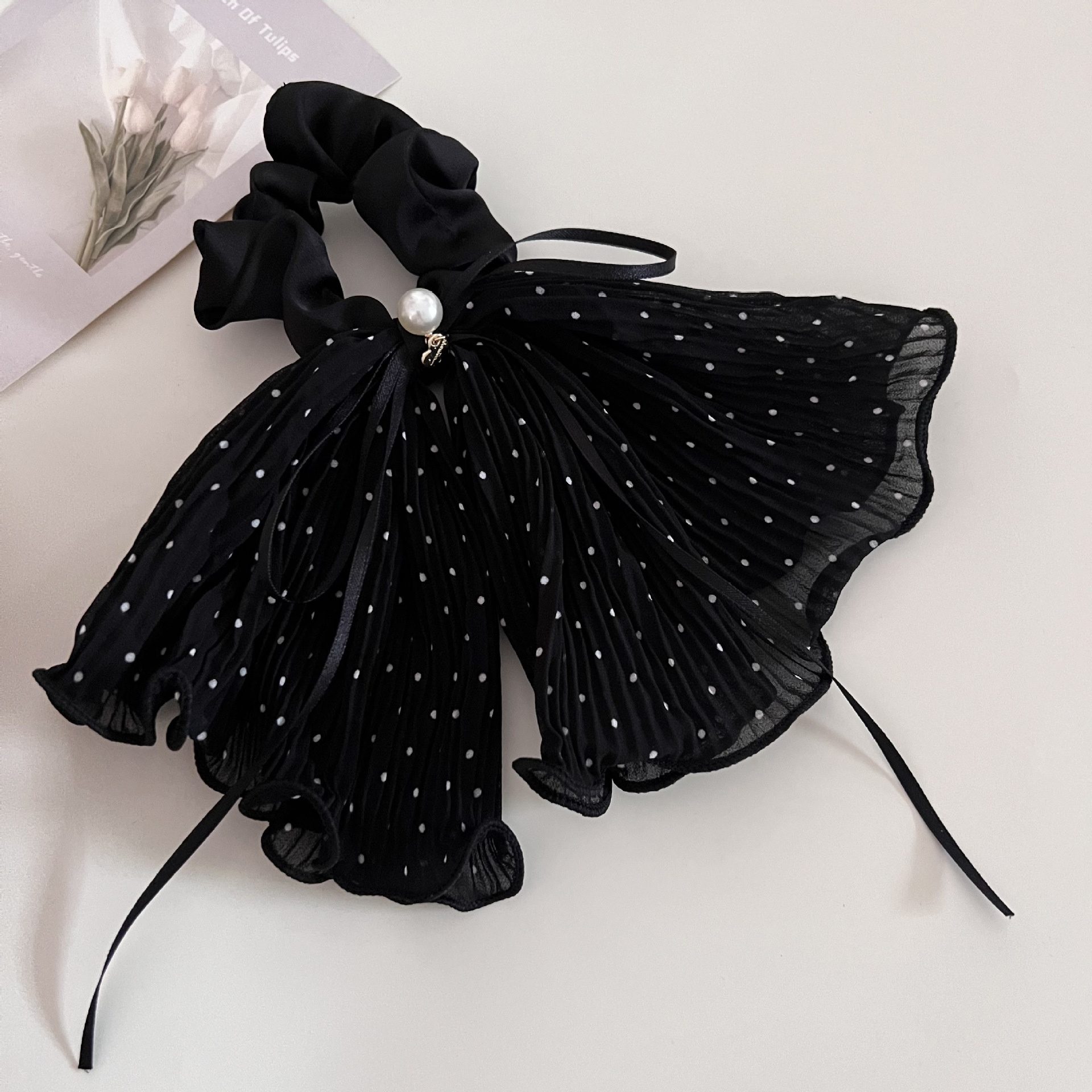 Women's Elegant French Gauze Bowknot Hair Tie Black White Polka Dot