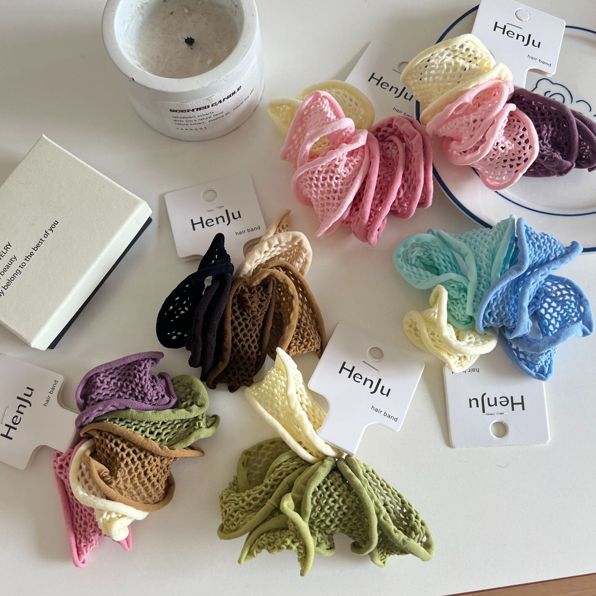 Women Damage-Free Cloth Wide Hair Ties Sweet Candy Color Geometric