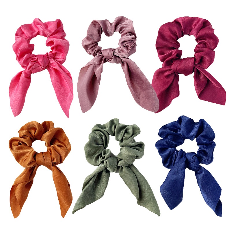Women's Handmade Rabbit Ear Scrunchie Daily Hair Tie Solid Satin Bow
