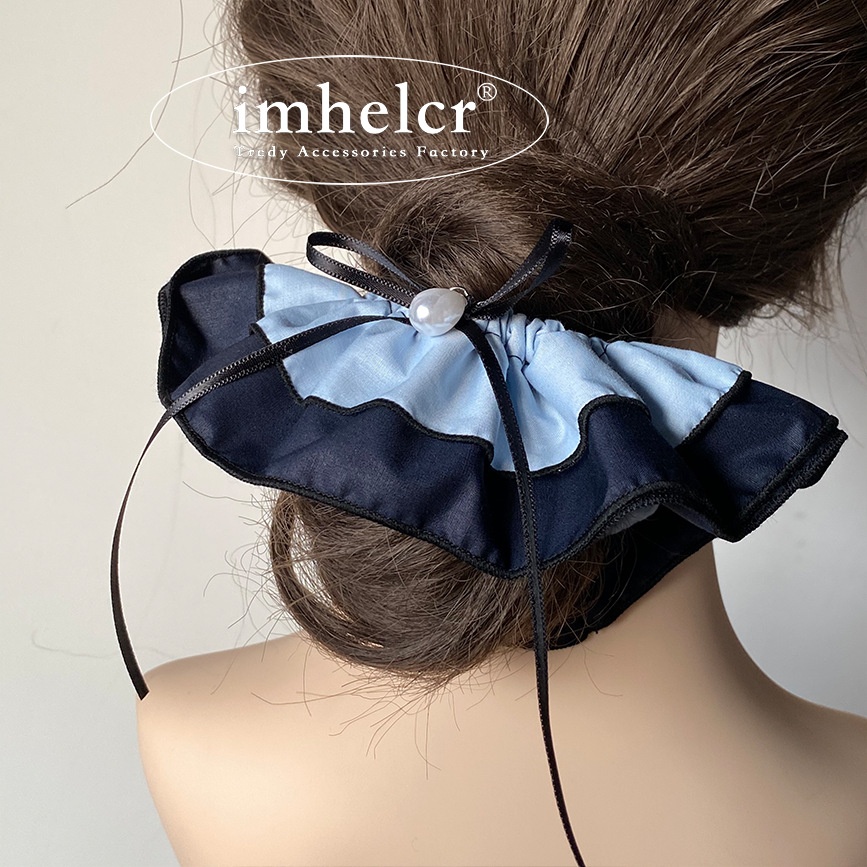 Women's Blue Pearl Knot Hairband Double Band High Elasticity Cloth Hair Tie