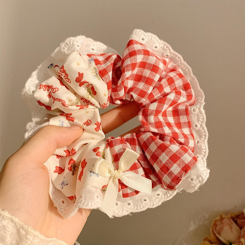 Women's Large Mori Style Scrunchie Beige Polka Dot Cloth Hair Tie