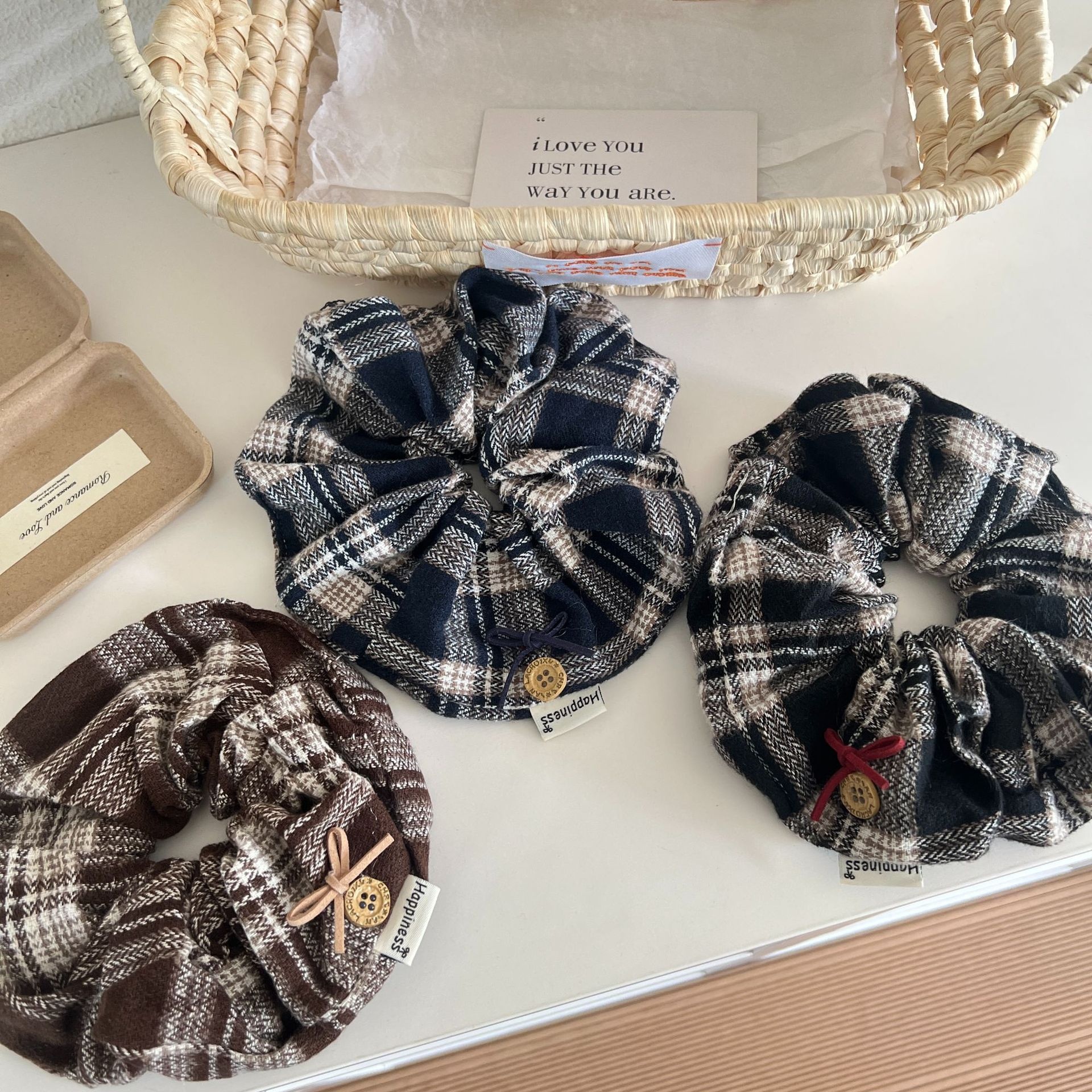 Women's French Retro Plaid Cloth Hair Tie in Black, Winter Hair Accessory