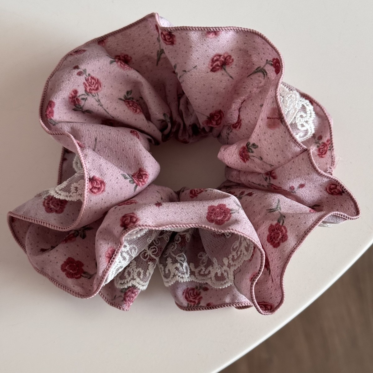Women's Elegant Lace Rose Scrunchie Hair Accessories Pink Black Polka Dots