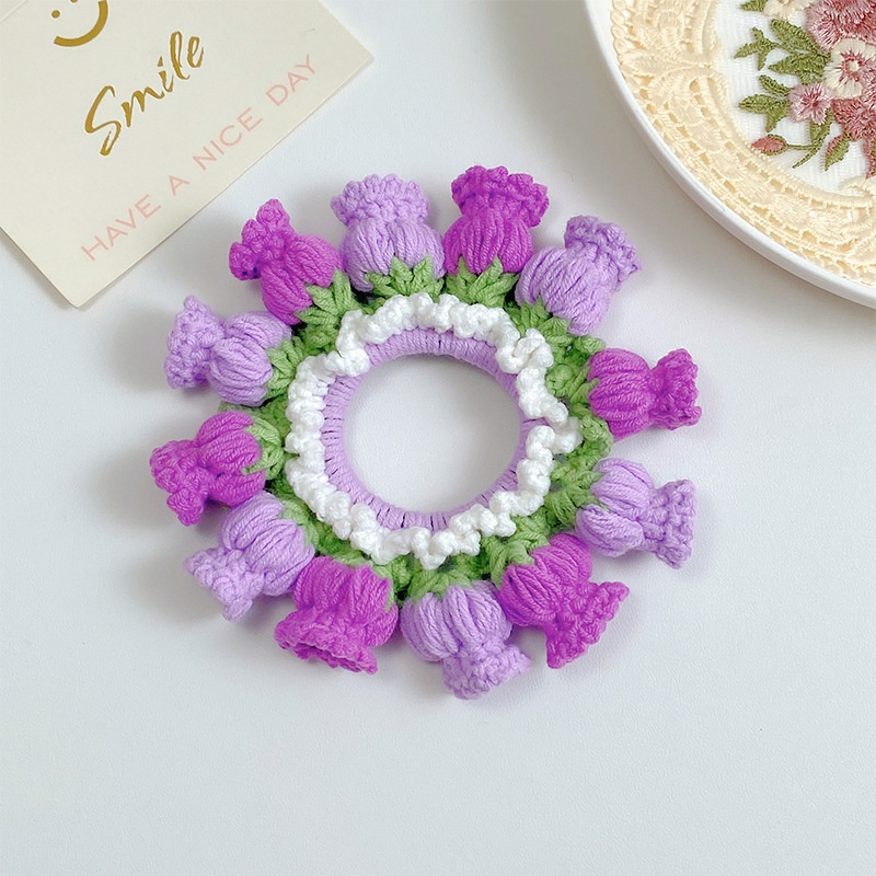 Women's Handmade Knitted Yarn Scrunchie Bellflower Bowknot Hair Tie