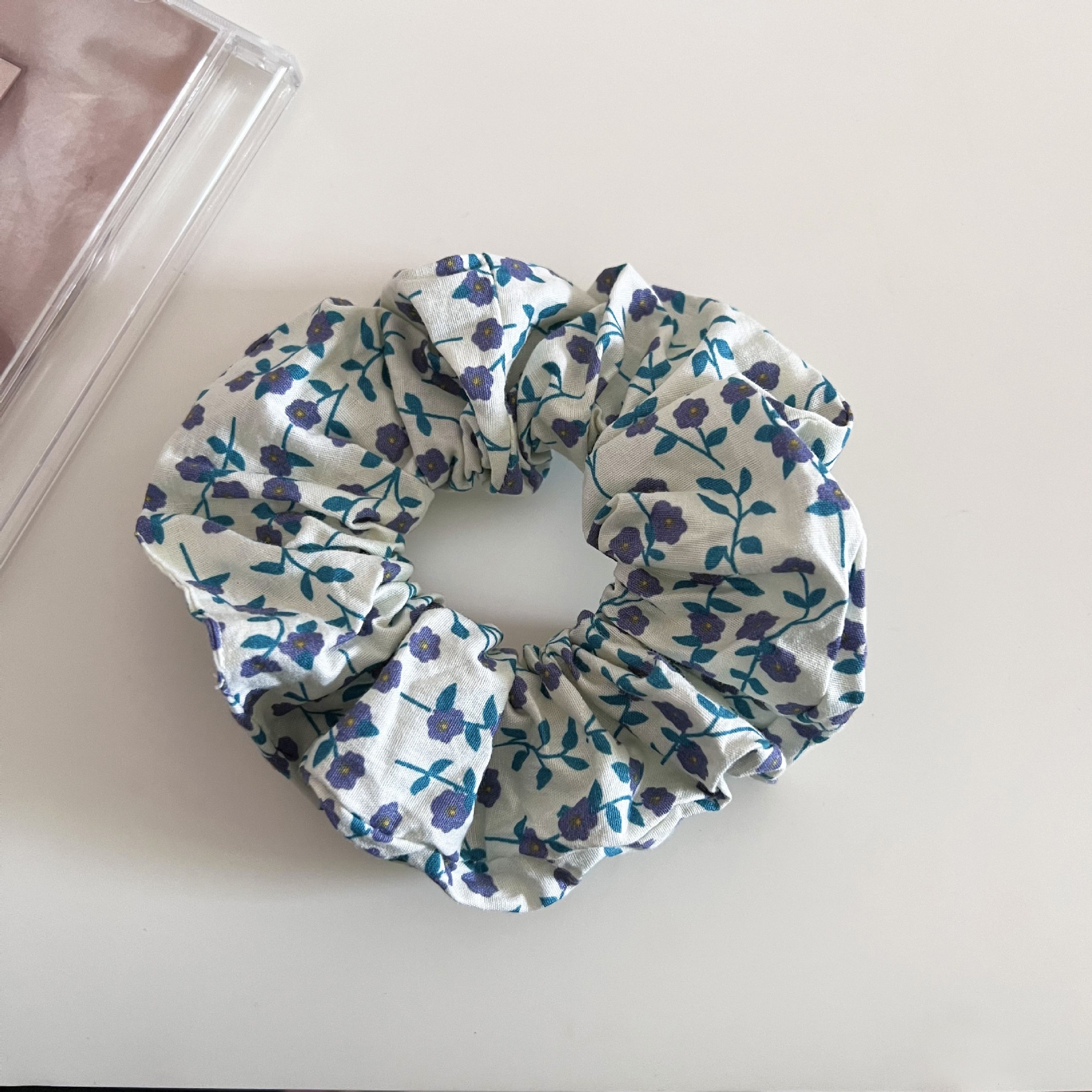 Women's Soft Cloth Elastic Scrunchie for Low Bun Blue Pink Ditsy Floral