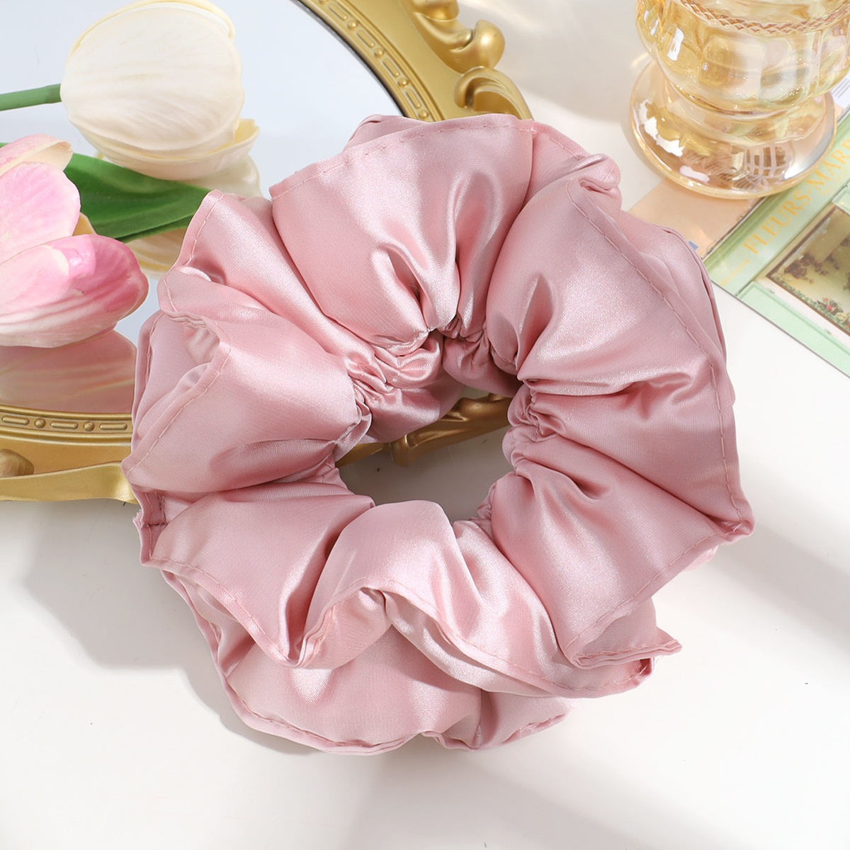 Women's Satin Flower Hair Tie French Style Large Elastic Band Solid Color
