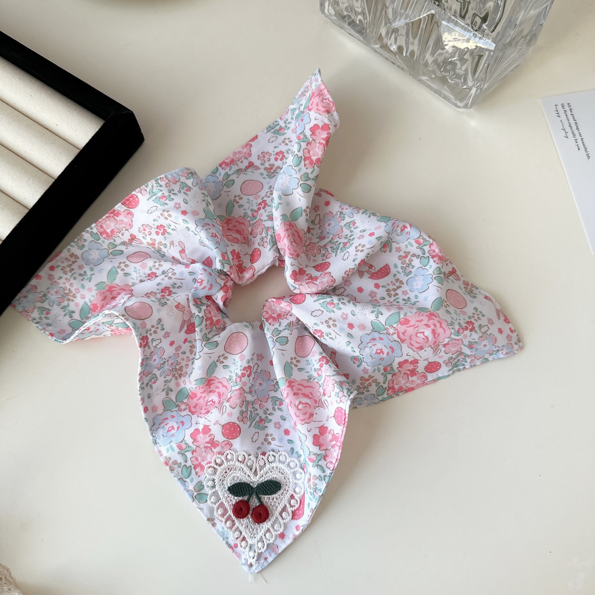 Women's Spring Summer Sweet Cloth Hair Tie Pink Cherry Floral Lace