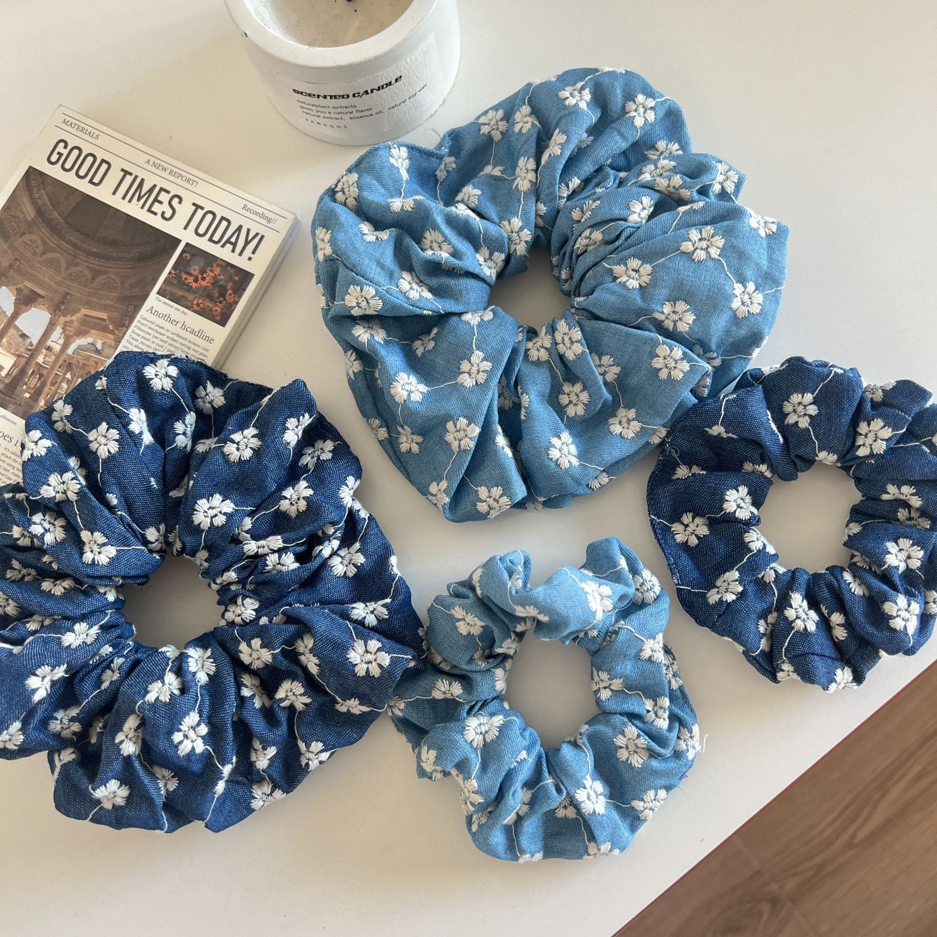 Women's Large Denim Blue Rose Flower Hair Tie Elegant Elastic Cloth Hair Band