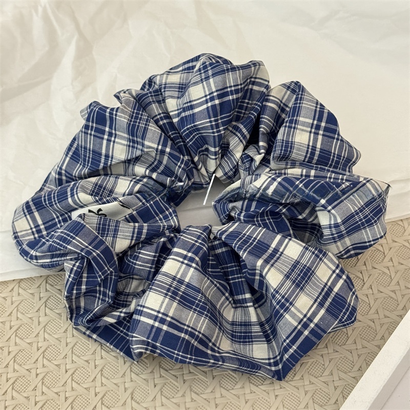 Women's Everyday Cloth Scrunchie Hair Tie Navy Blue Checkered Plaid
