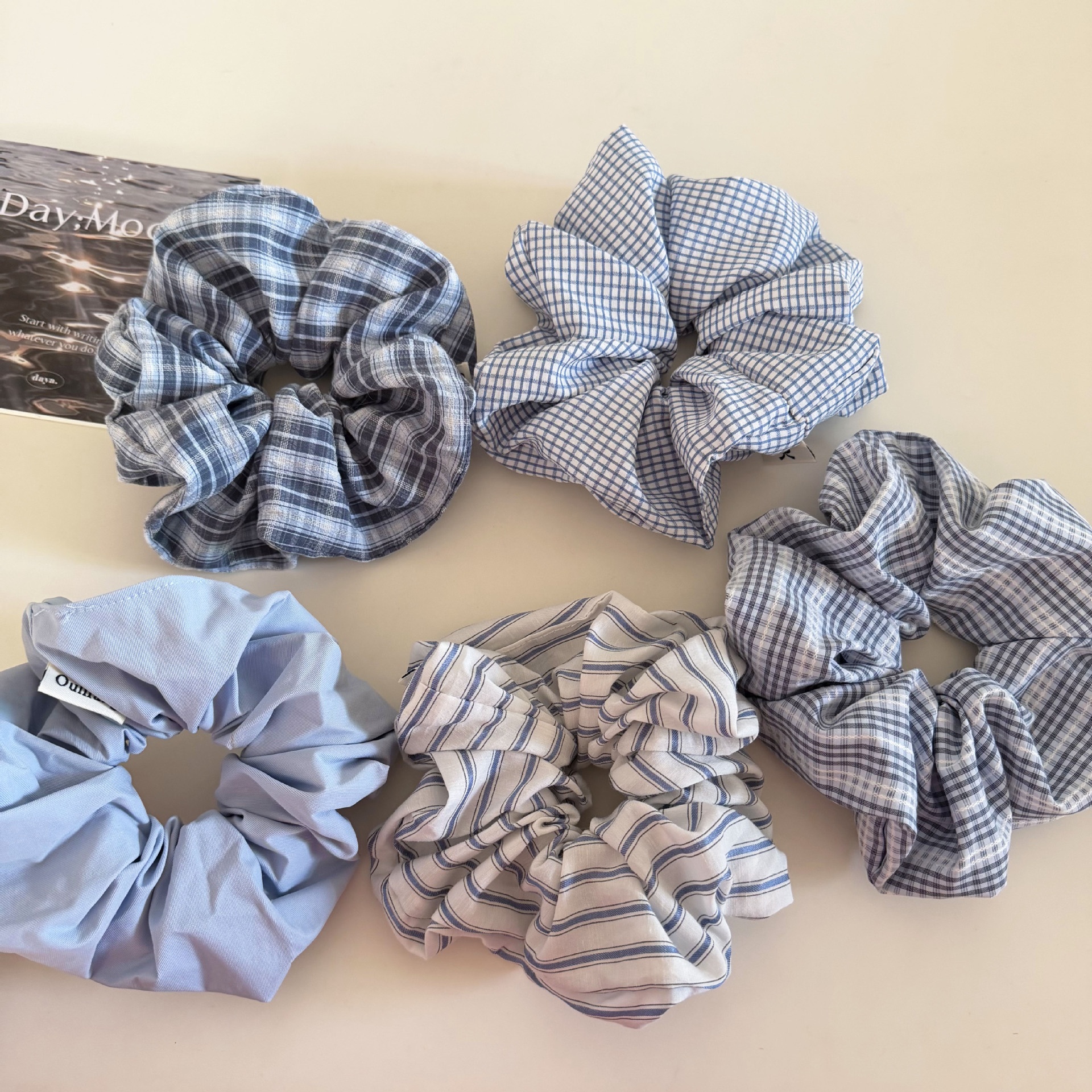 Women's Daily Cloth Hair Scrunchie Light Blue Checkered Plaid