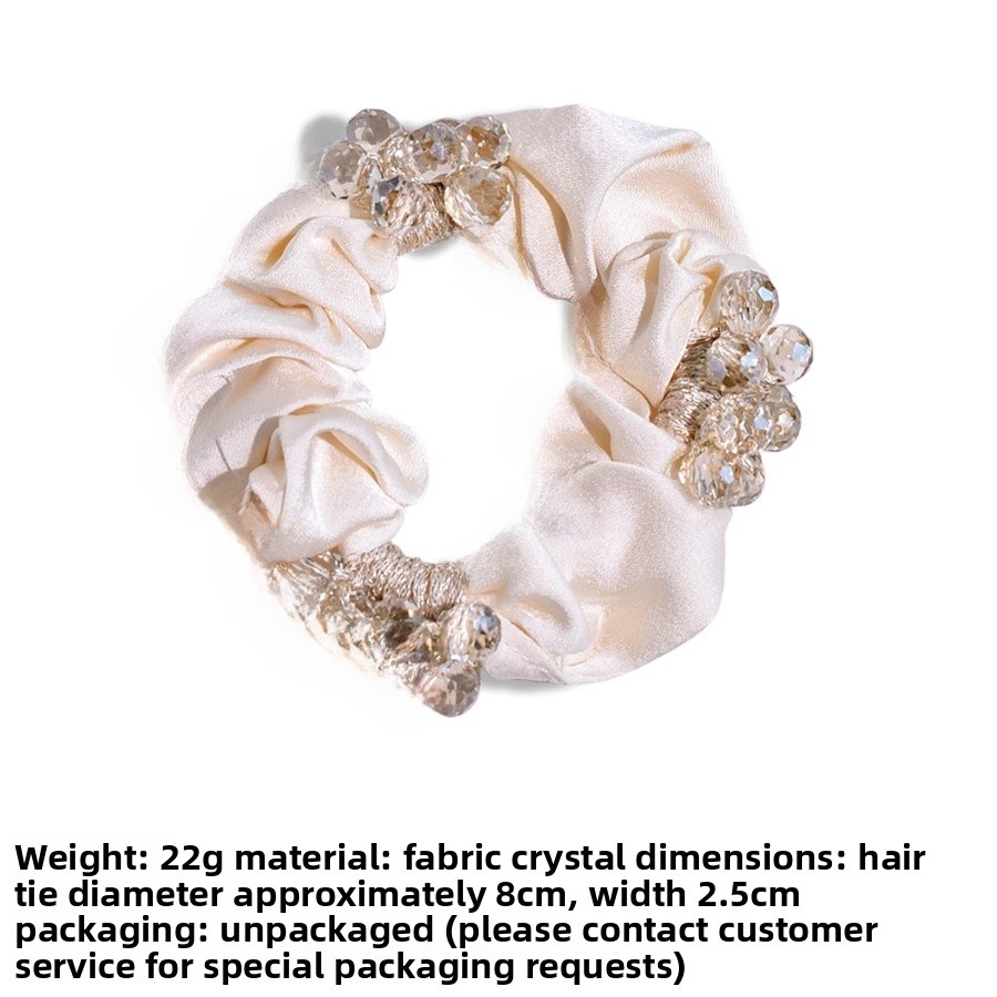 Women's French Satin Crystal Low Bun Hair Tie Rose Floral Beige Black