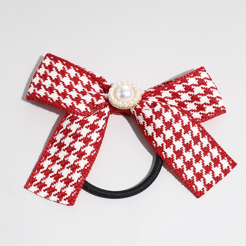 Women's Pearl Bow Cloth Hair Tie French Retro Houndstooth Plaid