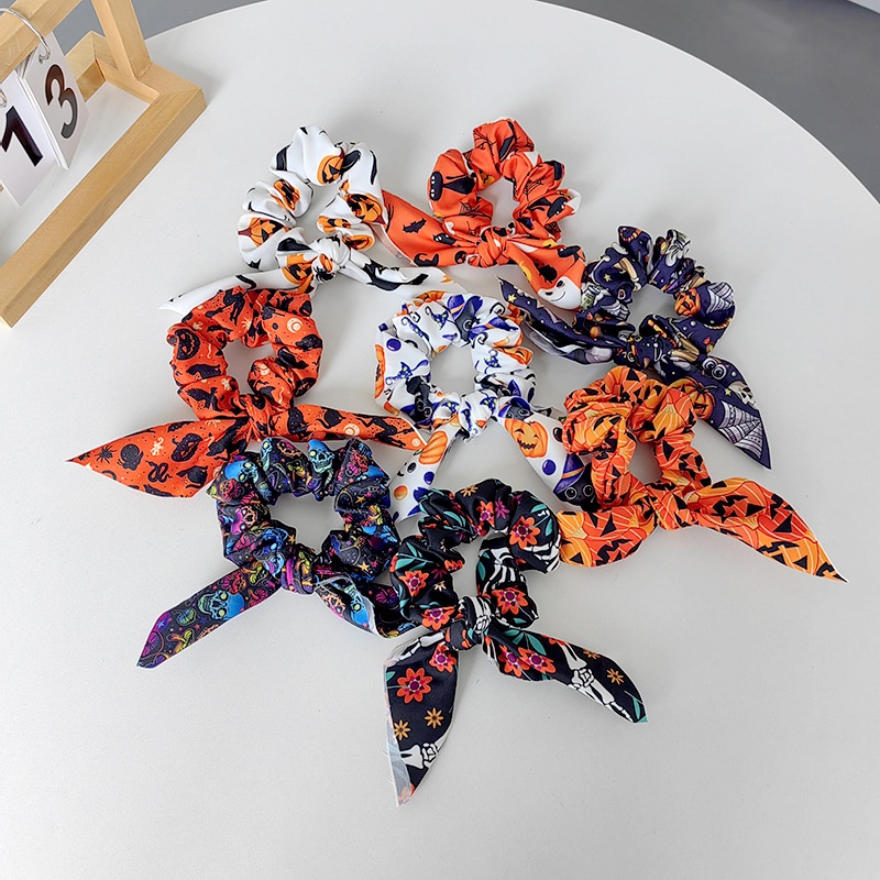 Women's Retro Large Bow Hair Tie Halloween Pumpkin Ghost Bat Print Fabric Art