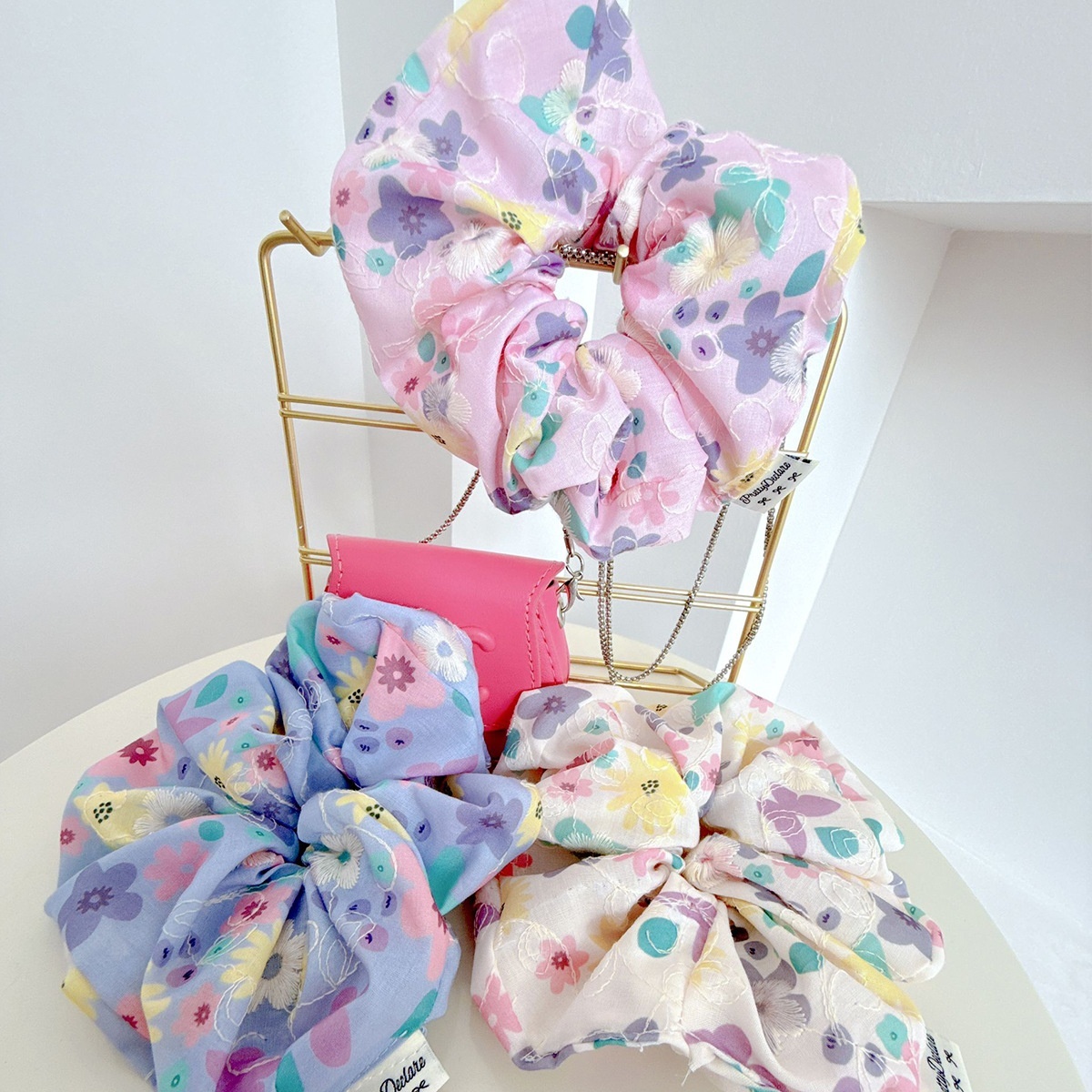 Women's Summer Cloth Hair Tie Ditsy Floral Embroidery Beige Pink Purple