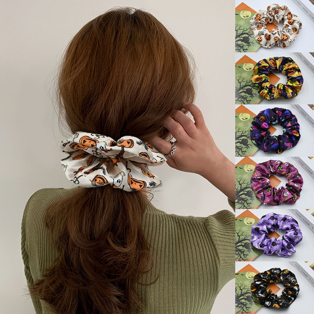 Women's Stylish Cloth Hair Scrunchies Festive Halloween Pumpkin Print