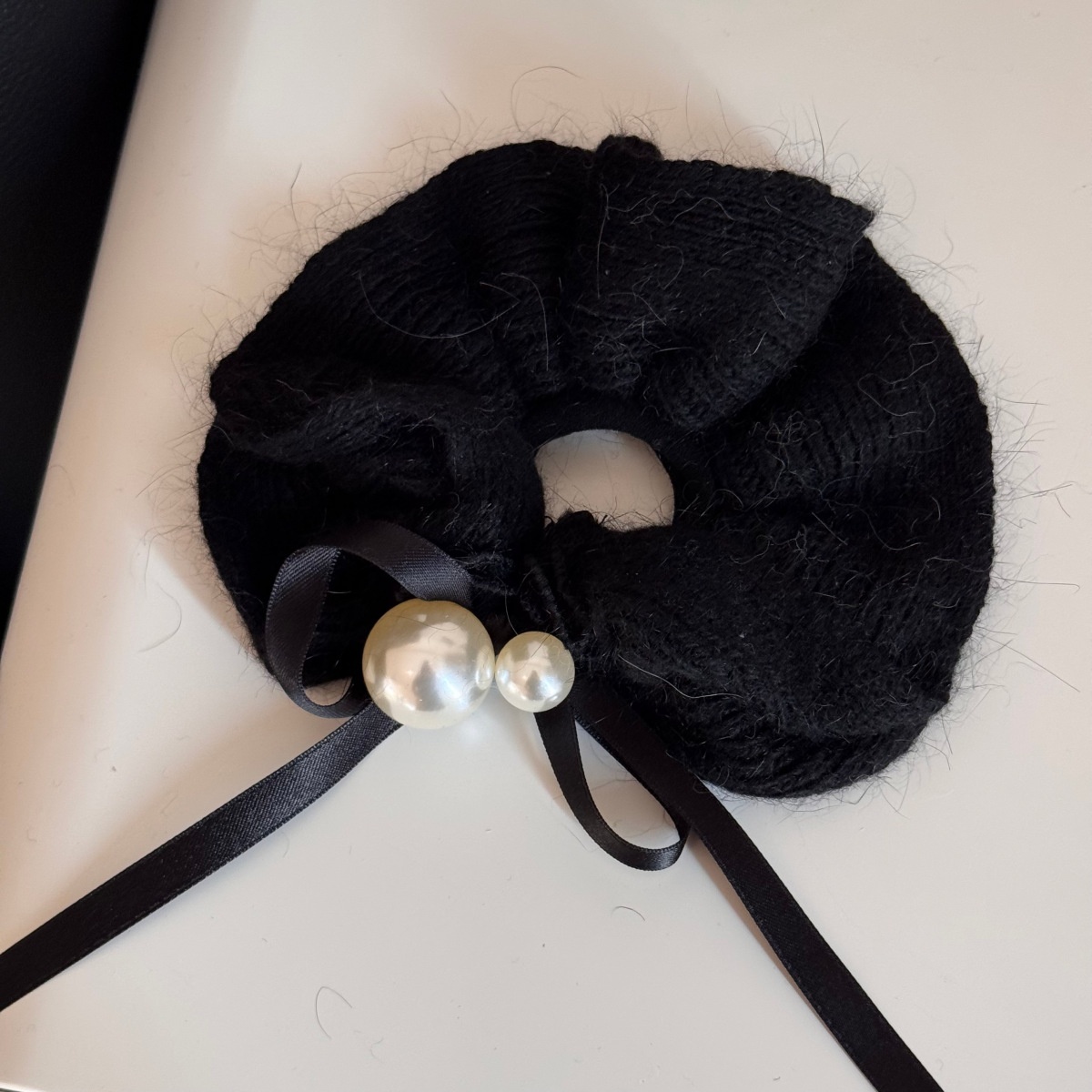 Women's High-end Pearl Knitted Wool Hairband Winter Ribbon Bow Bun Tie