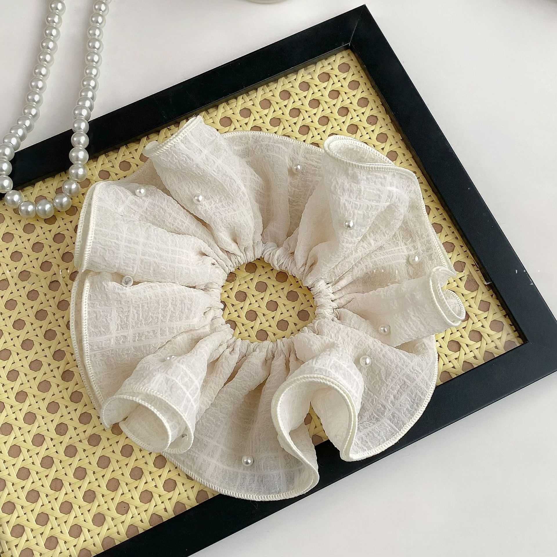 Women's Elegant Spring Pearl Gauze Hair Tie Accessory Beige Lace