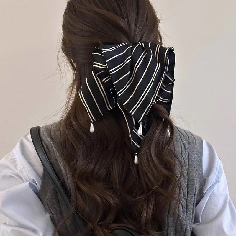 Women's Daily Satin Scarf Elastic Hair Tie Black White Stripes