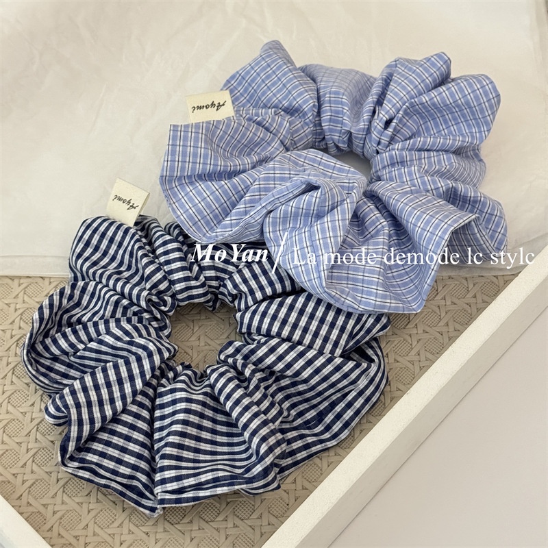 Women's Everyday Cloth Scrunchie Hair Tie Navy Blue Plaid Checkered