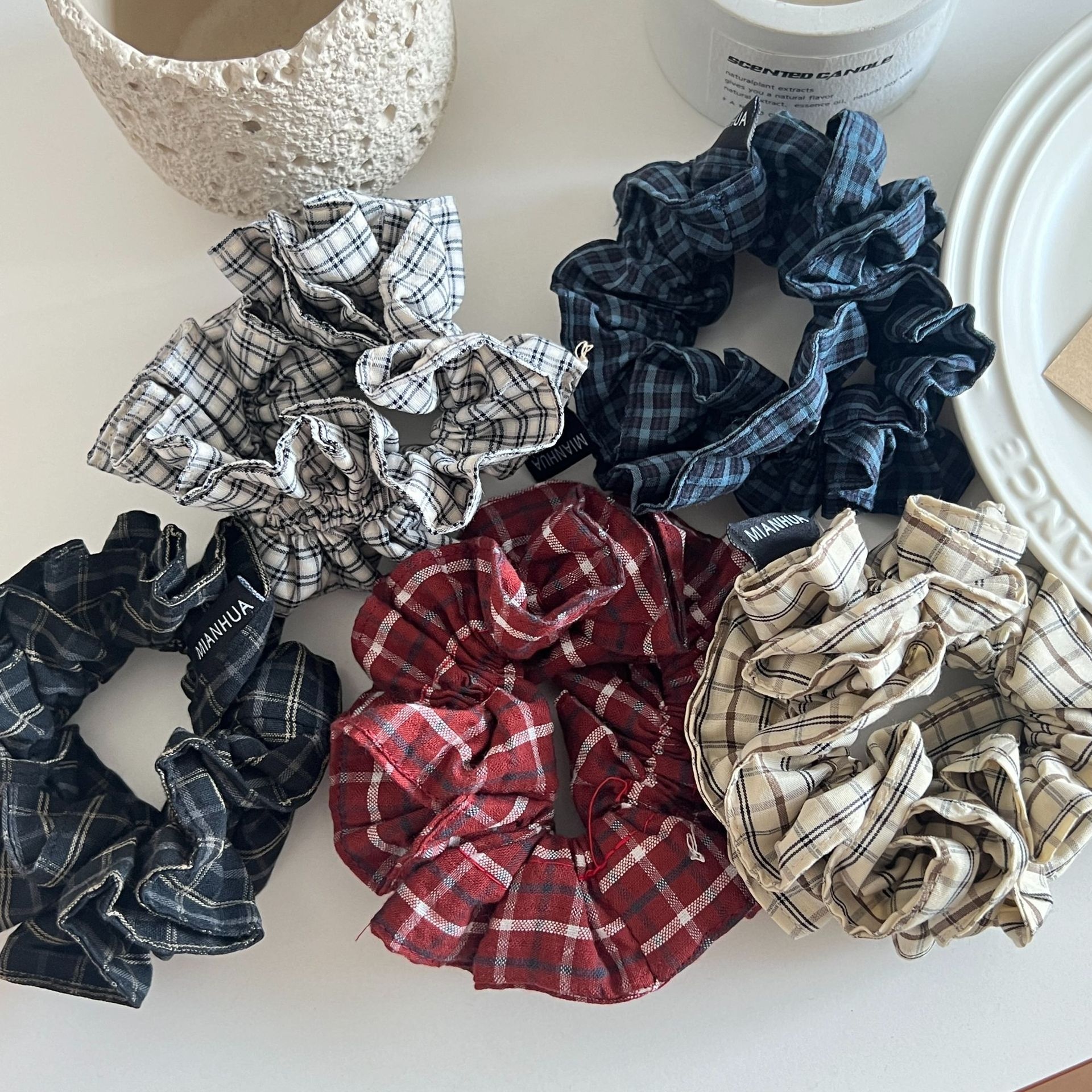 Women's 3D Volumizing Cloth Hair Scrunchies Double Layer Plaid