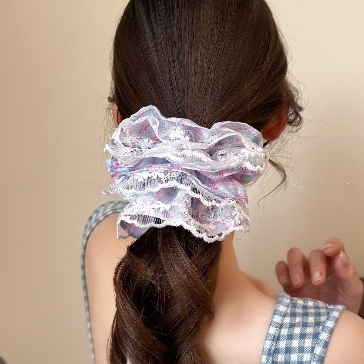 Women's Daily Cloth Hair Scrunchies Pink Blue Checkered Plaid Lace
