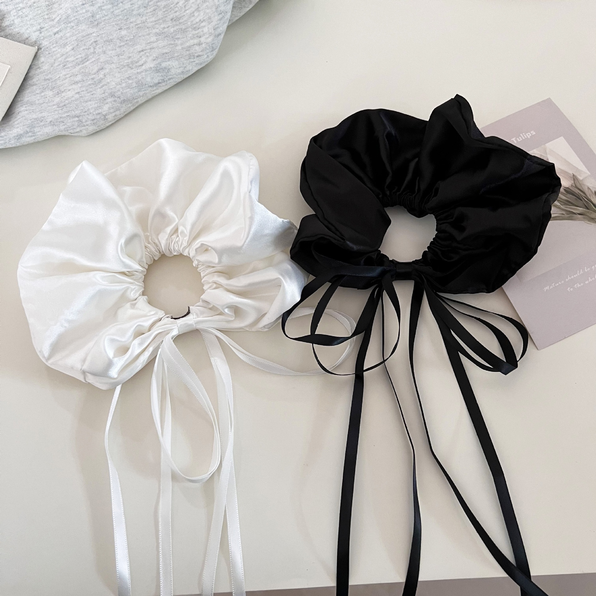 Women's French Satin Ballet Bow Headband, Elegant Fairy Black White Hair Accessory