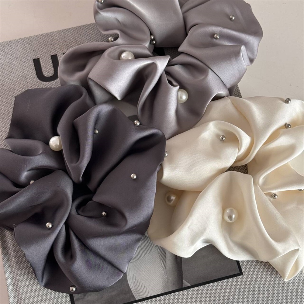 Women's Elegant Bun Hair Scrunchies Irregular Pearl Rivet Satin