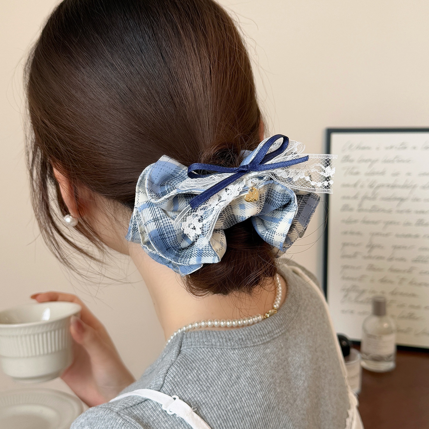 Women's Daily Cloth Bow Scrunchies Blue Black Tartan Plaid Lace