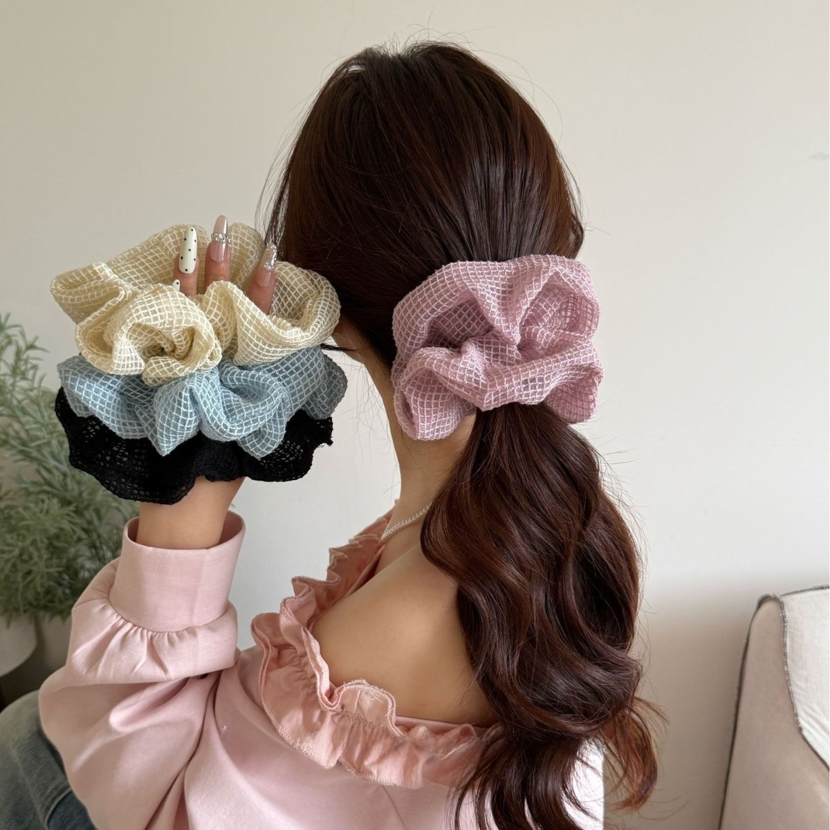 Women's Soft Cloth Retro Hair Tie For Daily Wear Sky Blue Plaid