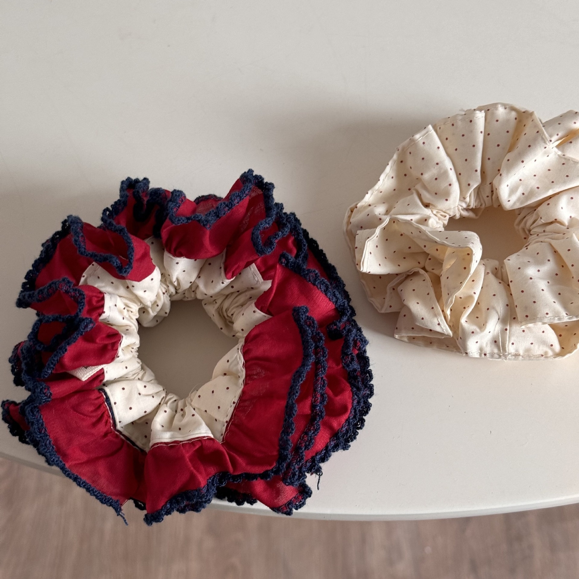 Women's Soft Cloth Hair Tie For Daily Wear Beige And Red Polka Dots