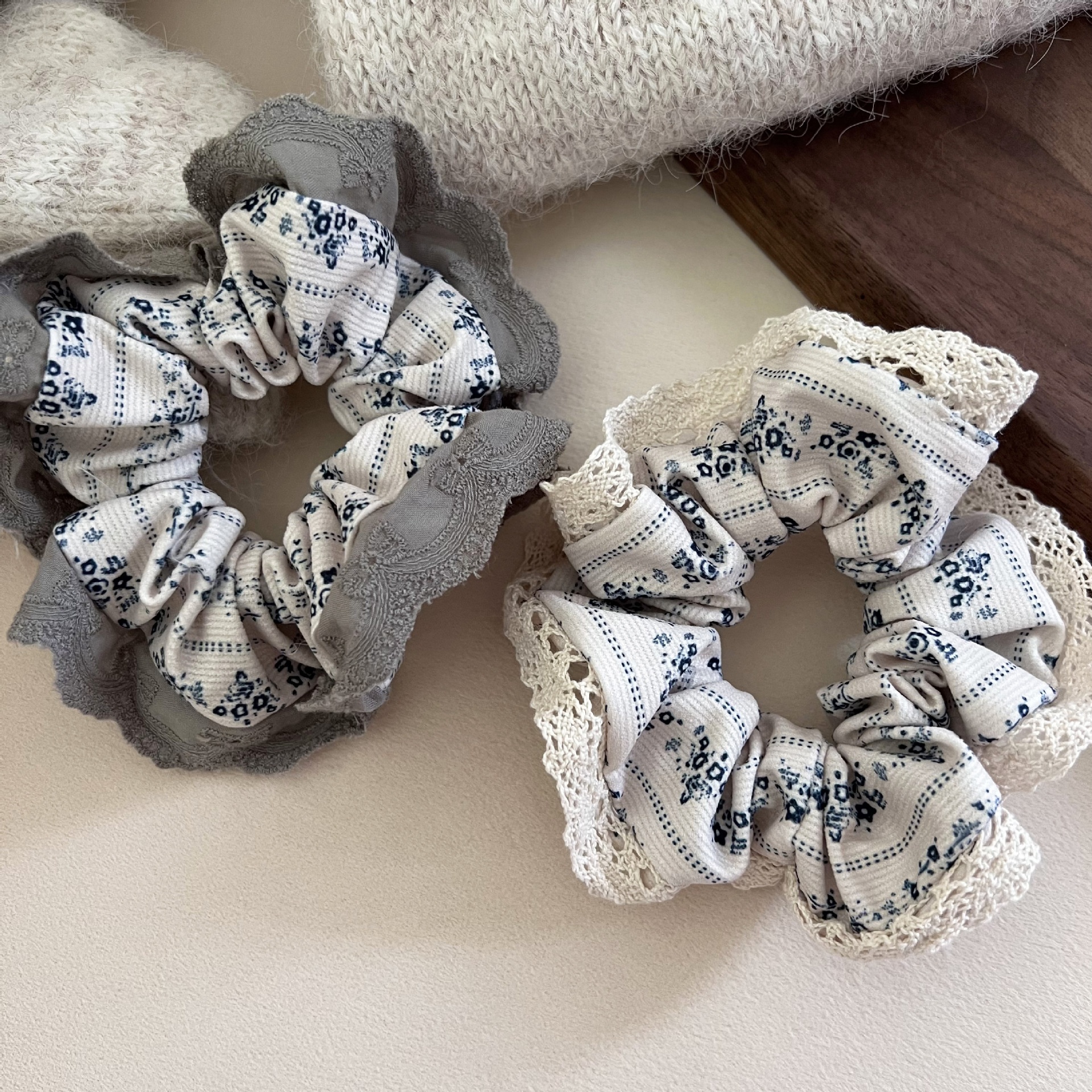 Women Sweet Soft Cloth Hair Tie Blue Ditsy Floral Print Spring